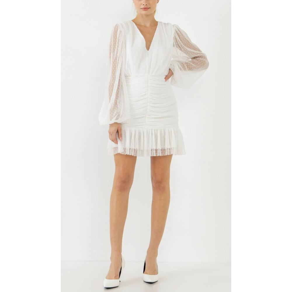 Endless Rose Swiss Dot Ruched White Dress Size Large NWT Elegant Ruched Bodice